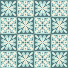 Blue pastel stylish ceramic tile with ornate swirls and fancy flowers, ceramic tile vector illustration