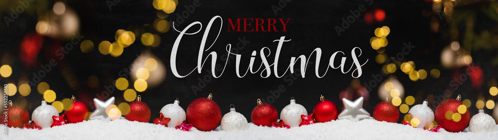 Wall mural Merry Christmas ornaments advent celebration holiday holidays banner greeting card panorama long - Red and white christmas baubles, balls and stars on snow, with black concrete wall in background