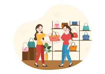 Handbag Store with Collection of Various Quality Bags and Different Types of Lifestyle in Flat Hand Drawn Cartoon Template Illustration