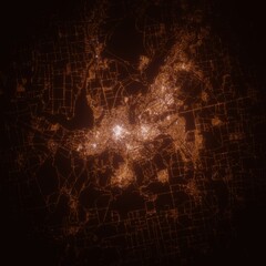 Obraz premium Kryvyi Rih (Ukraine) street lights map. Satellite view on modern city at night. Imitation of aerial view on roads network. 3d render