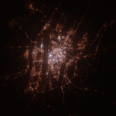 Chongqing (China) street lights map. Satellite view on modern city at night. Imitation of aerial view on roads network. 3d render