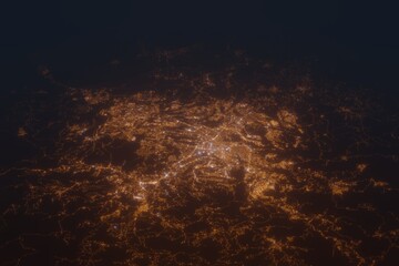 Aerial shot on Guatemala at night, view from east. Imitation of satellite view on modern city with street lights and glow effect. 3d render