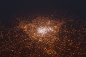 Aerial shot of Lexington (Kentucky, USA) at night, view from north. Imitation of satellite view on modern city with street lights and glow effect. 3d render