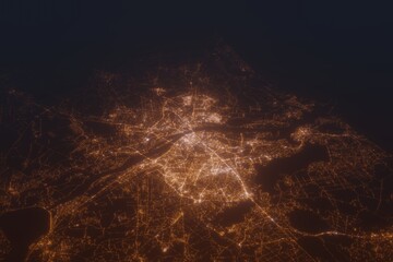 Aerial shot on Riga (Latvia) at night, view from east. Imitation of satellite view on modern city with street lights and glow effect. 3d render