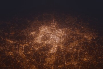 Aerial shot of Vilnius (Lithuania) at night, view from south. Imitation of satellite view on modern city with street lights and glow effect. 3d render