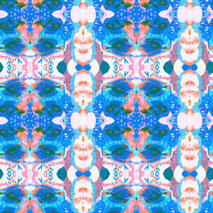 Washed Red Blue blur white vibrant watercolor batik azulejos tile background. Seamless coastal linen effect geometric mosaic effect. Boho Patchwork nautical masculine all over summer fashion repeat.