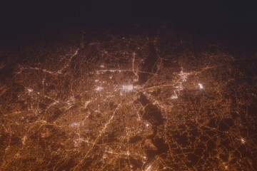 Aerial shot of Hartford (Connecticut, USA) at night, view from south. Imitation of satellite view on modern city with street lights and glow effect. 3d render