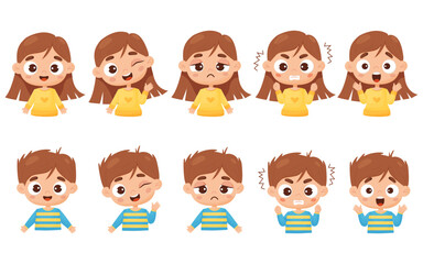Set kids emotions. Portraits of cute boy and girl with different facial expressions and feelings - happiness, anger, smile, delight, wonder. Vector isolated illustration cartoon style for design.