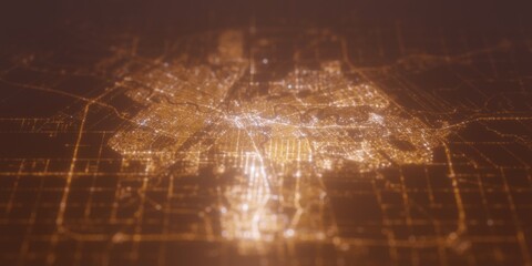 Street lights map of Winnipeg (Canada) with tilt-shift effect, view from west. Imitation of macro shot with blurred background. 3d render, selective focus