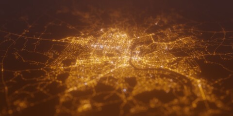 Street lights map of Vitebsk (Belarus) with tilt-shift effect, view from north. Imitation of macro shot with blurred background. 3d render, selective focus