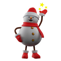 3D illustration. Cheerful 3D Snowman character cartoon image with stars. hands are on your waist. show a happy facial expression. 3D Cartoon Character