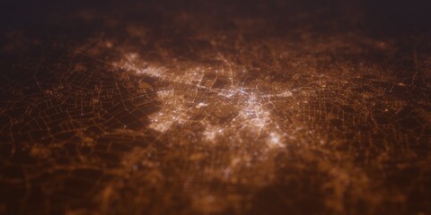 Street lights map of Kharkiv (Ukraine) with tilt-shift effect, view from north. Imitation of macro shot with blurred background. 3d render, selective focus