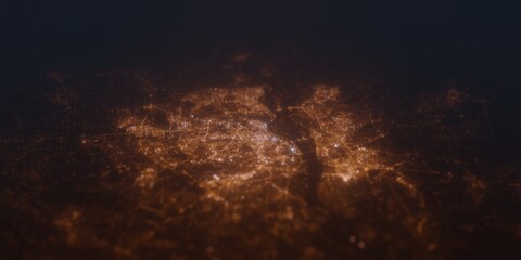 Fototapeta premium Street lights map of Kyiv (Ukraine) with tilt-shift effect, view from south. Imitation of macro shot with blurred background. 3d render, selective focus