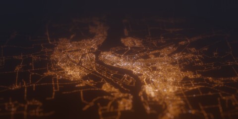 Street lights map of Zaporizhzhya (Ukraine) with tilt-shift effect, view from south. Imitation of macro shot with blurred background. 3d render, selective focus