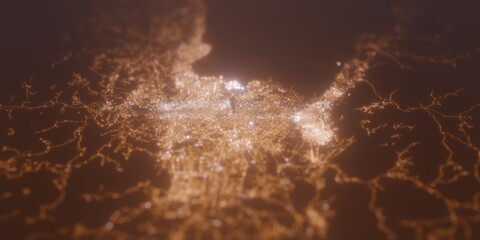 Street lights map of Port Au Prince (Haiti) with tilt-shift effect, view from east. Imitation of macro shot with blurred background. 3d render, selective focus