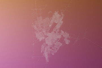 Map of the streets of Nouakchott (Mauritania) made with white lines on pinkish red gradient background. Top view. 3d render, illustration