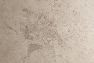 Map of Marrakesh (Morocco) on an old vintage sheet of paper. Retro style grunge paper with light coming from right. 3d render
