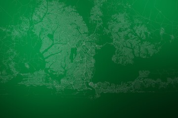 Map of the streets of Lagos (Nigeria) made with white lines on abstract green background lit by two lights. Top view. 3d render, illustration