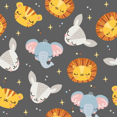 Seamless vector pattern. Cute sleeping animals, stars. Elephant, tiger, lion and baby deer. Background for children's products on white background 