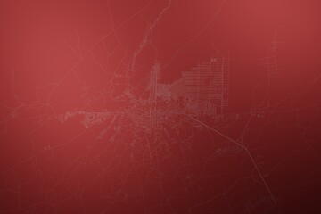 Map of the streets of Kandahar (Afghanistan) made with white lines on abstract red background lit by two lights. Top view. 3d render, illustration