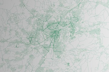 Map of the streets of Yerevan (Armenia) made with green lines on white paper. 3d render, illustration