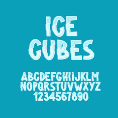Ice Cubes Font. Broken Ice Alphabet. English Letters and numbers with Ice Effect.