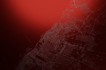 Street map of Sharjah (UAE) engraved on red metal background. Light is coming from top. 3d render, illustration