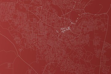 Fototapeta premium Map of the streets of Samarqand (Uzbekistan) made with white lines on red background. Top view. 3d render, illustration