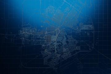 Street map of Winnipeg (Canada) engraved on blue metal background. View with light coming from top. 3d render, illustration