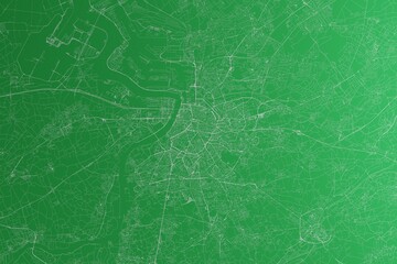 Map of the streets of Antwerp (Belgium) made with white lines on green paper. Rough background. 3d render, illustration