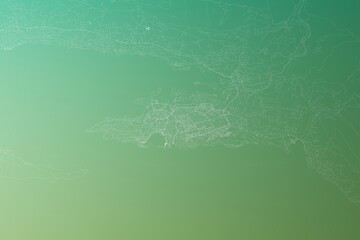 Map of the streets of Split (Croatia) made with white lines on yellowish green gradient background. Top view. 3d render, illustration