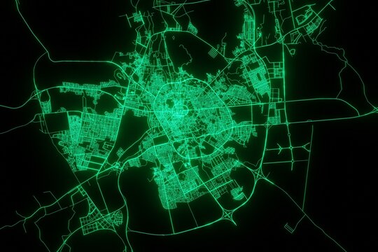 Map Of The Streets Of Medina (Saudi Arabia) Made With Green Illumination And Glow Effect. Top View On Roads Network. 3d Render, Illustration