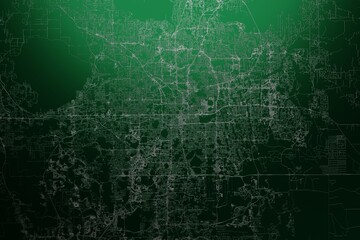 Street map of Orlando (Florida, USA) engraved on green metal background. Light is coming from top. 3d render, illustration