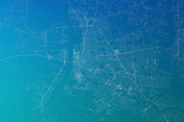 Map of the streets of Baton Rouge (Louisiana, USA) made with white lines on greenish blue gradient background. 3d render, illustration