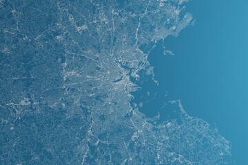 Map of the streets of Boston (Massachusetts, USA) made with white lines on blue paper. Rough background. 3d render, illustration - obrazy, fototapety, plakaty