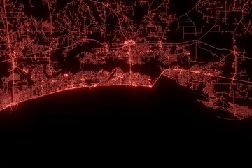 Obraz premium Street map of Biloxi (Mississippi, USA) made with red illumination and glow effect. Top view on roads network. 3d render, illustration