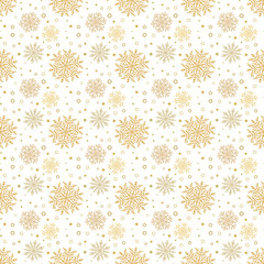 Winter vector background with small and big snowflakes. Seamless abstract golden and white ornament. Pattern with different snowflakes