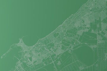 Stylized map of the streets of Alexandria (Egypt) made with white lines on green background. Top view. 3d render, illustration