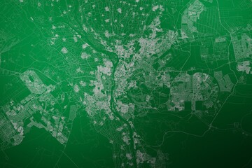 Map of the streets of Cairo (Egypt) made with white lines on abstract green background lit by two lights. Top view. 3d render, illustration