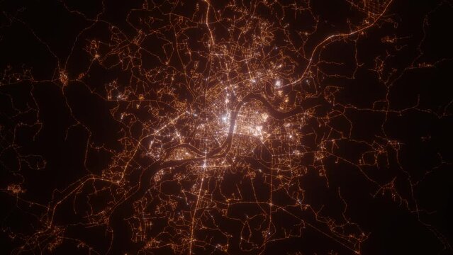 Pyongyang (North Korea) aerial view at night. View on modern city from space. Camera is zooming in, rotating counterclockwise