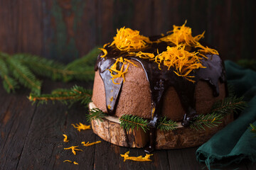 cake with chocolate icing and candied orange on a dark background