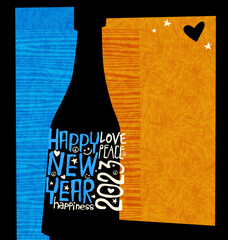 Happy New Year 2023 design. Abstract champagne bottle with inspiring handwritten words. Retro cut-out style design with space for text. For greeting cards, social media, banners, posters.