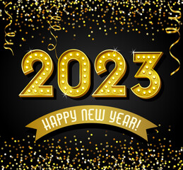 2023 Happy New Year design with vintage gold light bulb letters, glitter, confetti and streamers. For greeting cards, social media, banners, posters.