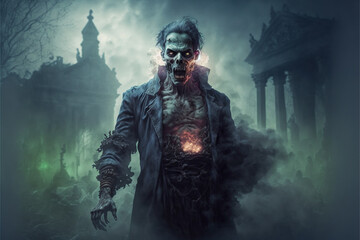 Fototapeta na wymiar A zombie moving through a misty graveyard in the evening. Spooky concept.Digital art
