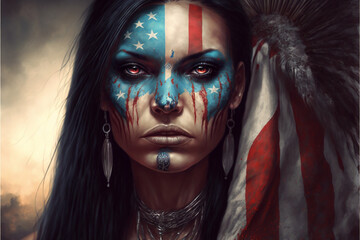Portrait of a beautiful indian woman with a painted American flag,