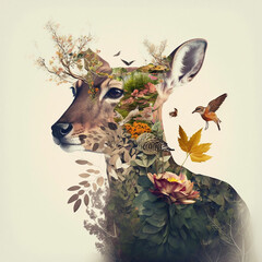 Double exposure of a red deer and flora.