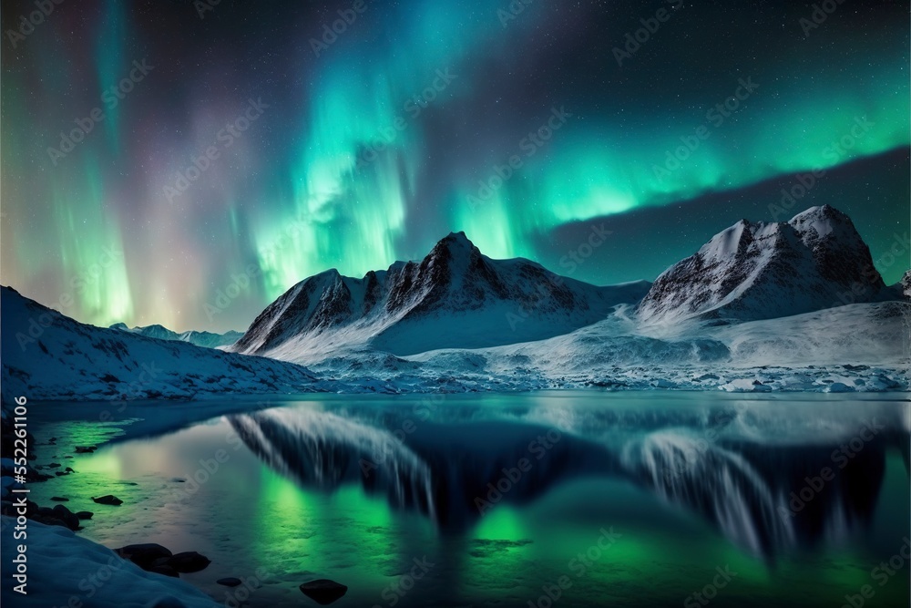 Wall mural Northern lights view over icy mountains and snow, arctic lake, winter season