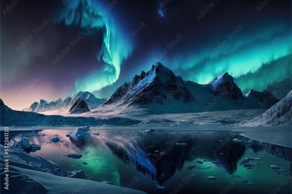 Wall mural northern lights view over icy mountains and snow, arctic lake, winter season