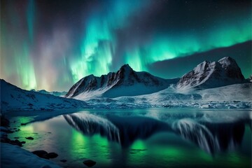 Naklejka premium Northern lights view over icy mountains and snow, arctic lake, winter season