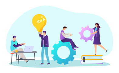 Business idea teamwork concept, vector illustration, flat people character use financial graph, woman show marketing chart technology team at table.